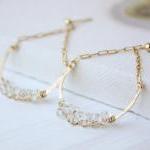 Gold Gemstone Post Earrings, Arc On Chain, White..