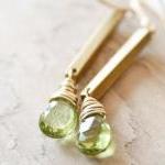 Green Earrings Peridot Gemstone Vintage Brass..
