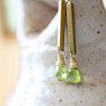 Green Earrings Peridot Gemstone Vintage Brass..