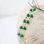 Emerald Earrings, Green Gemstone Wire Wrapped, 14k..