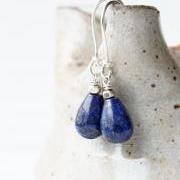 lapis earrings, blue gemstone teardrop, sterling silver wire wrap