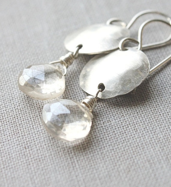 Quartz Gemstone Earrings Sterling Silver Bridal Jewelry Domed Circle Minimalist Jewelry