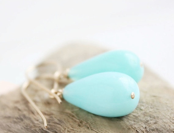 Peruvian Opal Earrings, Sky Blue Gold Filled Gemstone Teardrop Modern Simple