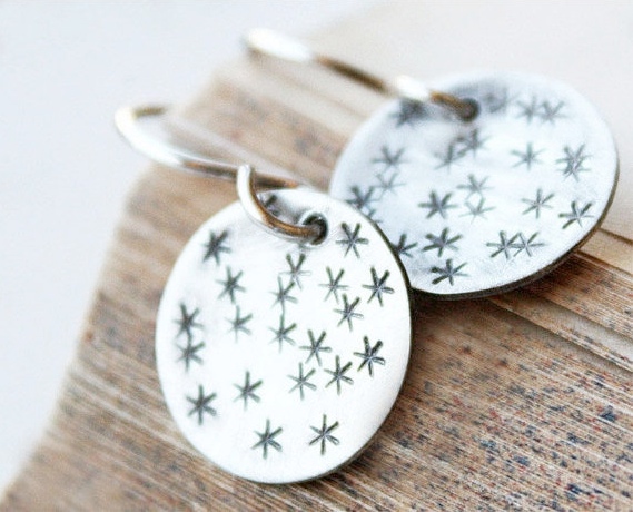 Sterling Silver Star Earrings, Stamped Stars, Round Discs, Sky