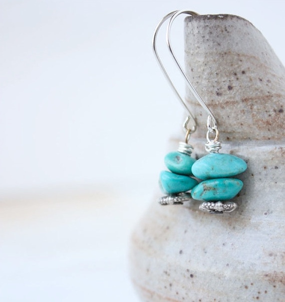 Turquoise Earrings,sterling Silver. Long Chunky Organic Everyday Simple Boho Beach Summer Fashion