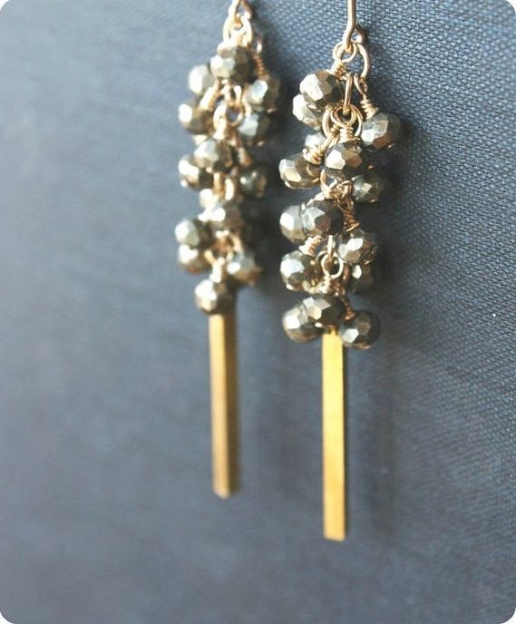 Pyrite Earrings Beaded Cluster, Black Gray Gold, Vintage Brass