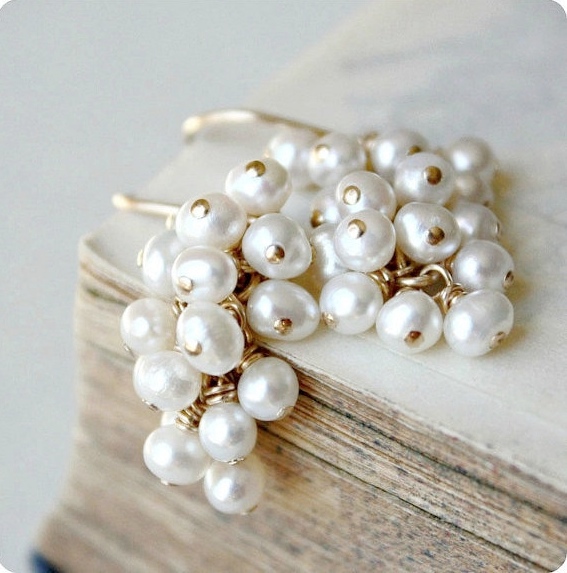 Freshwater Pearl Earrings, White Wedding Earrings, Bridal Jewelry, Gold Beaded Cluster White June Birthday