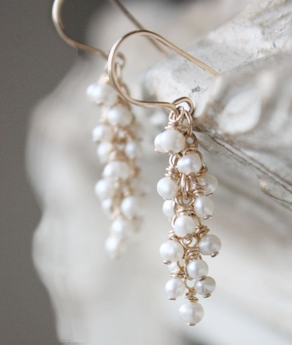 Delicate Earrings Freshwater Pearl, Wedding Earrings, Bridal Jewelry, White Cluster Gold Filled Bridal Wedding Jewelry Acessori