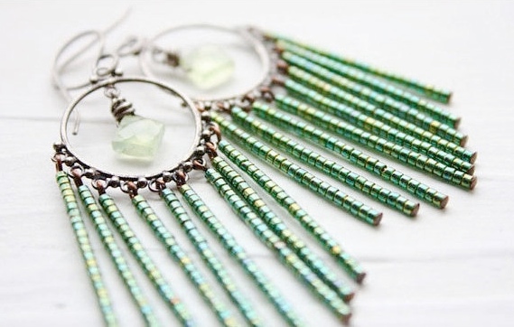 Chandelier Earrings, Boho Green Beaded Earrings, Prehnite Gemstone, Indian Tribal Spring Fashion