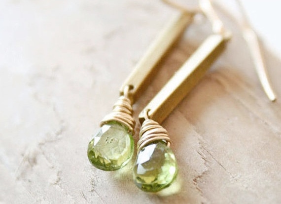 Green Earrings Peridot Gemstone Vintage Brass Gold, Minimal Simple Fashion August Birthstone