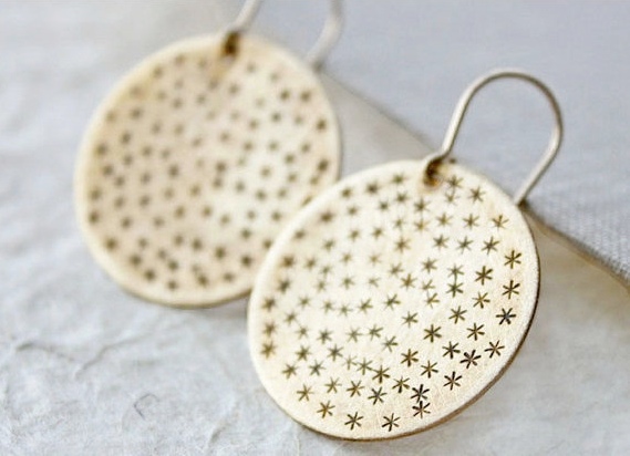 Constellation Gold Star Earrings, Brass Round, Metalwork Jewelry Gold Discs 14k Gold Fill Fashion