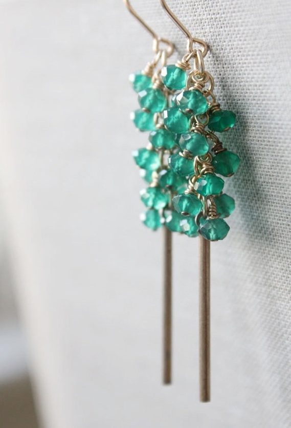 Emerald Green Earrings Green Onyx Gemstone Cluster Vintage Brass Modern Jewelry