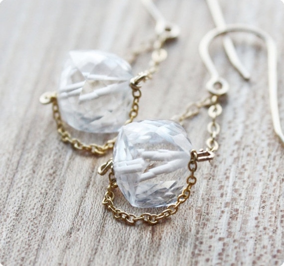 Gemstone Earrings Faceted Rock Crystal Quartz 14k Gold Fashion