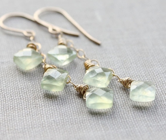 Spring Green Earrings, Gemstone Earrings, Faceted Gold Wire Wrapped Fashion
