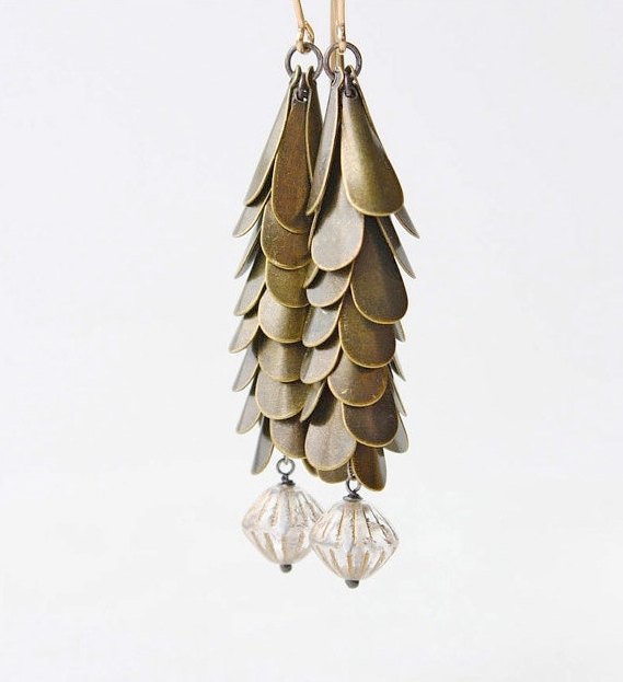 Boho Brass Earrings, Long Fringe Earrings Cluster Vintage Brass, Gold Filled Spring Fashion