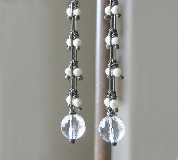 Freshwater Pearl Earrings, Long Oxidized Sterling Silver, White Faceted Crystal Quartz, Modern Bride