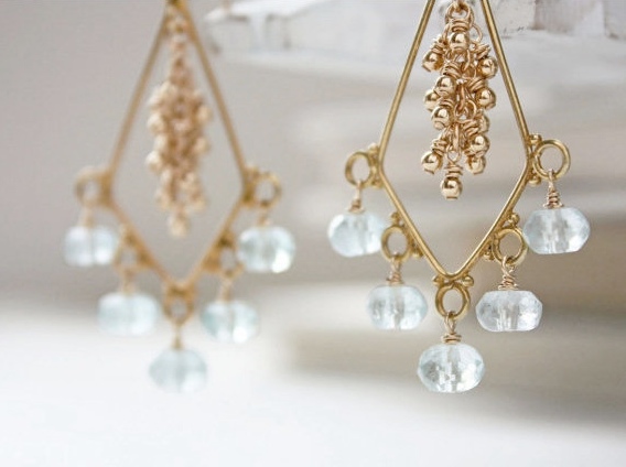Chandelier Earrings Aquamarine, Gemstone Gold, Bridal Earrings Wedding Jewelry, Something Blue Fashion Statement